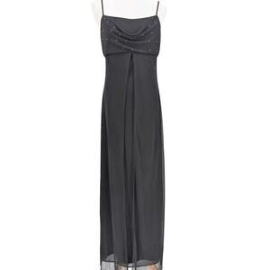 VTG Kiki USA Y2K Cowl‎ Neck Maxi Dress M Black Rhinestone Sheer Mesh Whimsigoth